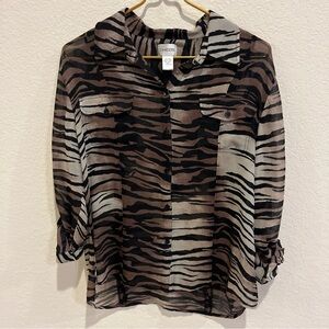 Chico's 100% Silk Button Up Brown Animal Print Sheer Blouse Size 1 front pockets